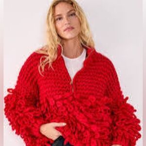 Nasty Gal. Spring 2026.Loopy, Bold Red Textured Sweater.Half Zip Pullover.